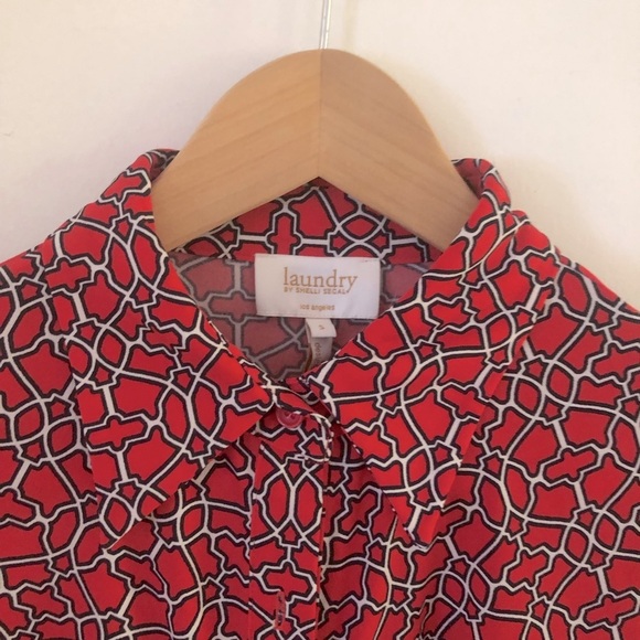 Laundry Shelly Segal Top S 3/4 Sleeve Ruched Button Down Bold Red Pattern - Picture 5 of 6